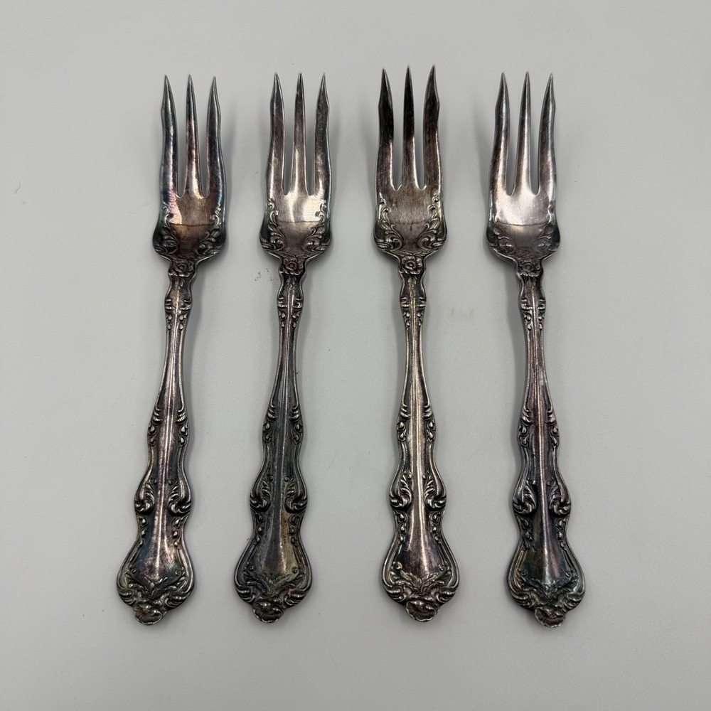 ANT. PASTRY FORKS (4) ORIENT AKA VENICE HOLMES AND EDWARDS SILVERPLATE-1904